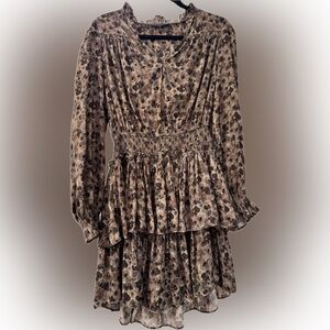 Brown and Black Smocked Tiered Sundress with Bishop Sleeves
